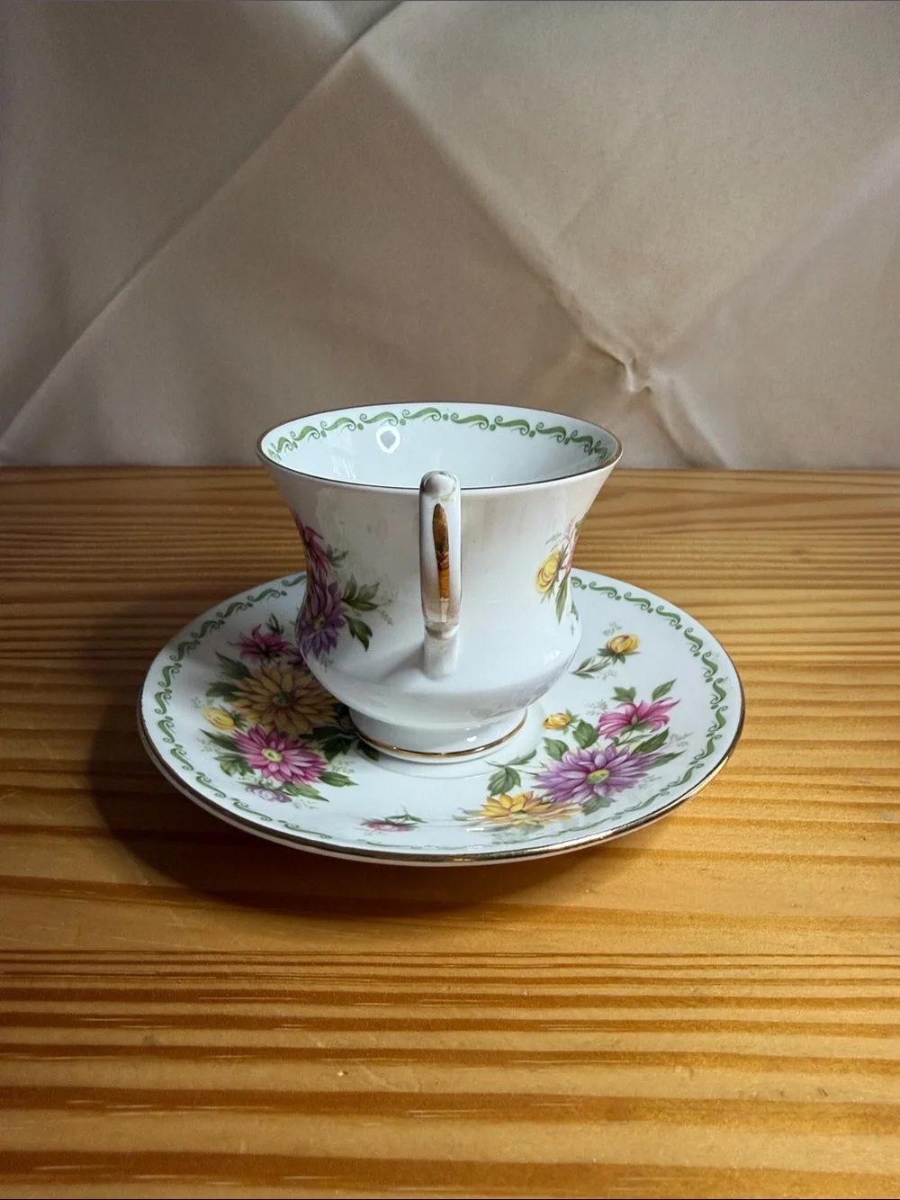 Vintage Queens Bone China September Aster Teacup & Saucer Set England
